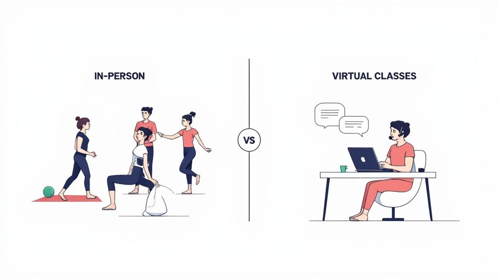 A pregnant woman participates in a virtual childbirth prep class on her laptop at home.