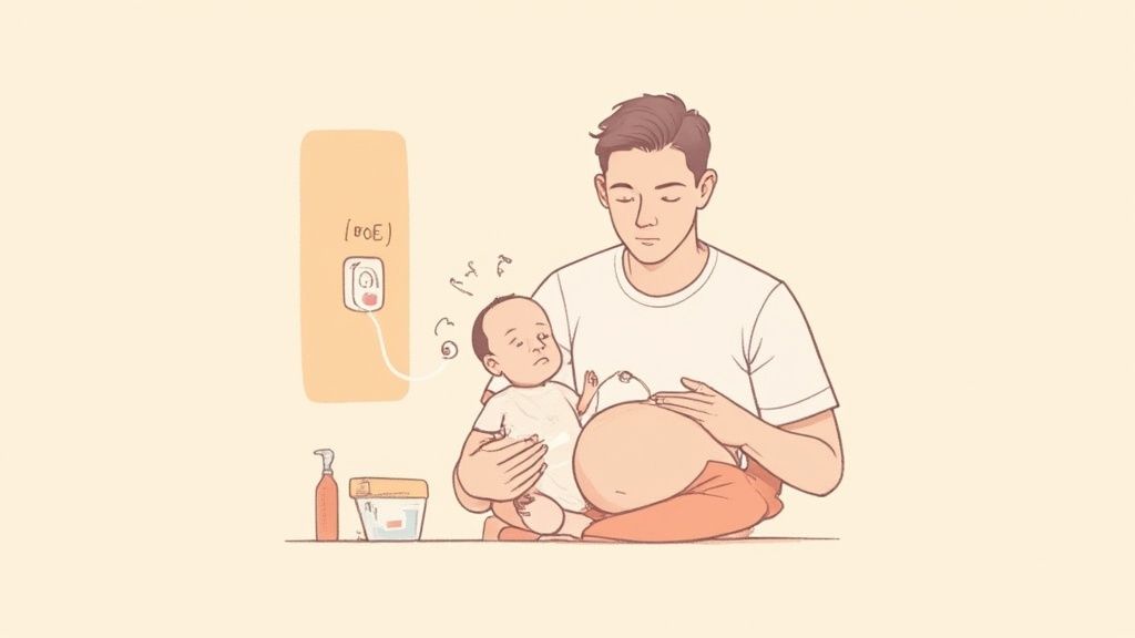 Newborn baby held by a parent, emphasizing immediate care.