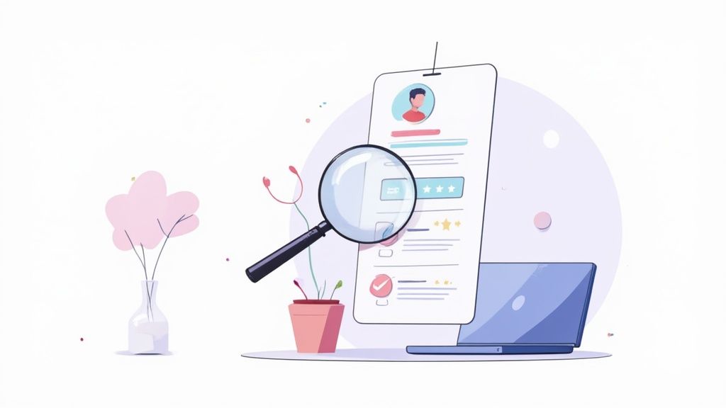 Magnifying glass examining a digital resume or profile on a smartphone, beside a laptop and plants.