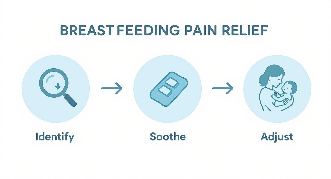 An infographic showing a three-step process for breastfeeding pain relief: Identify, Soothe, Adjust.