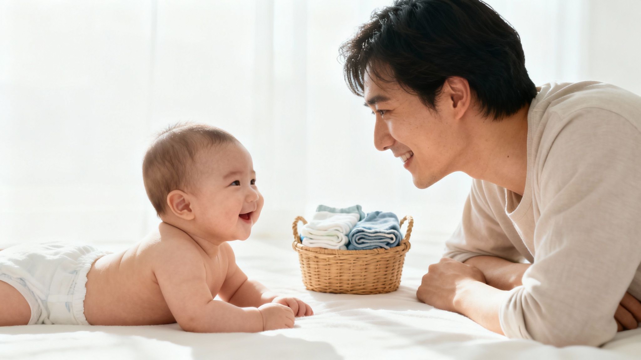 A happy Asian father and baby lying on a white bed, smiling at each other.