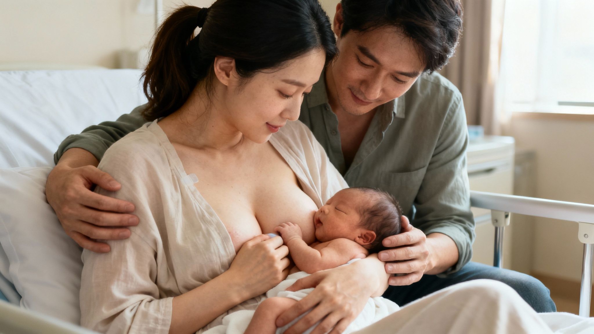 A new mother breastfeeds her newborn baby while the father embraces them in a hospital.