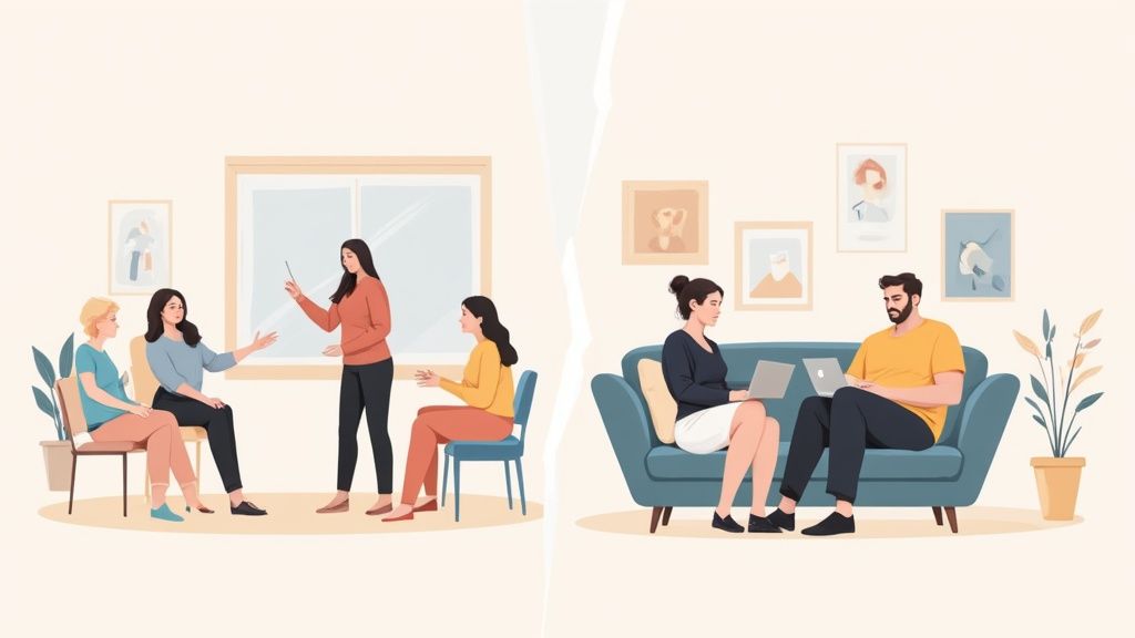 A split image showing women discussing on the left, and a couple working on laptops on the right.