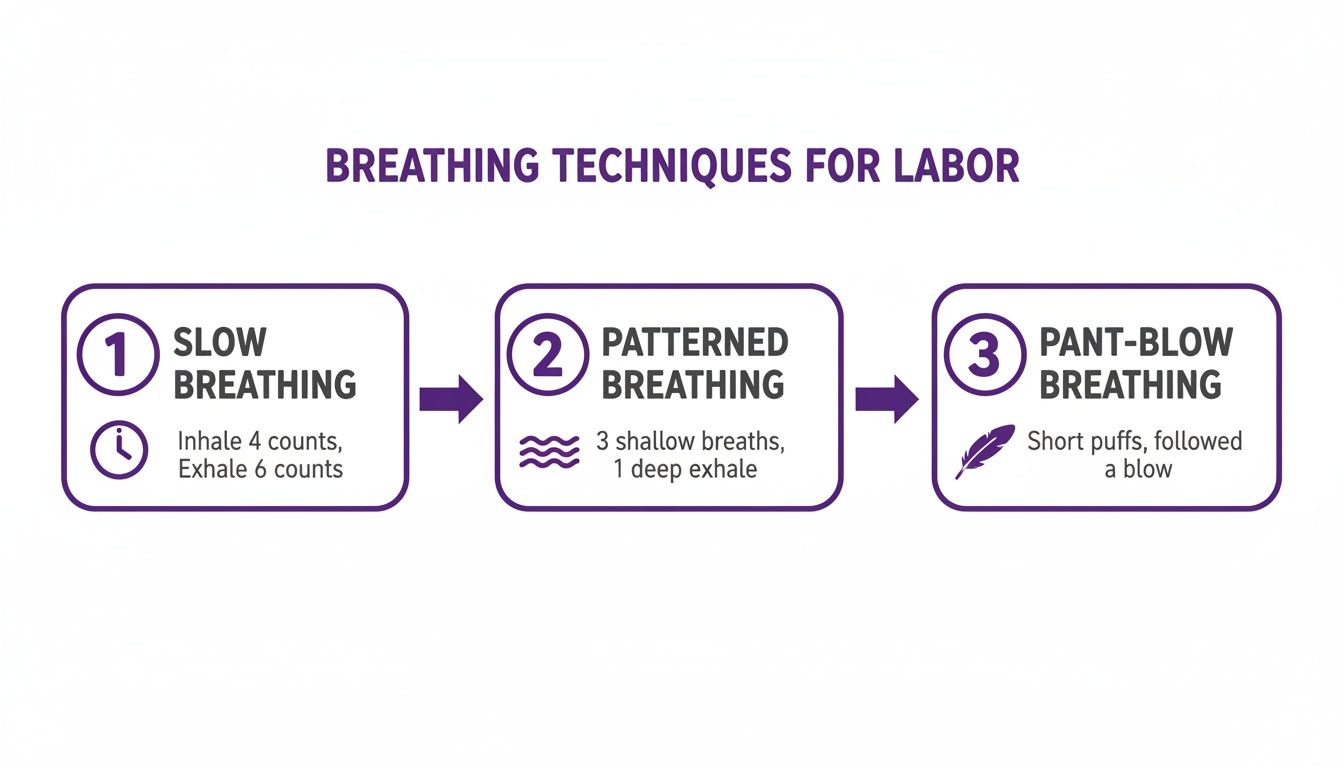 Infographic illustrating three breathing techniques for labor: slow, patterned, and pant-blow.