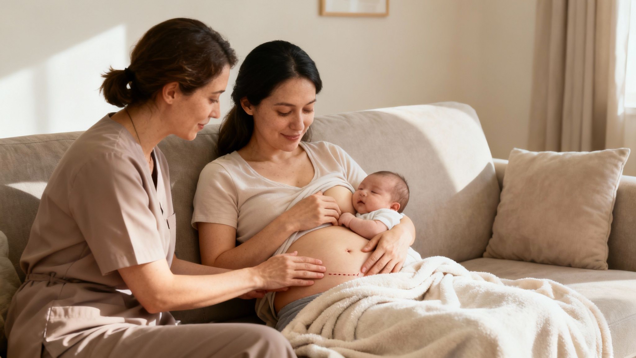 A doula checks a new mother's C-section scar while she breastfeeds her newborn baby.