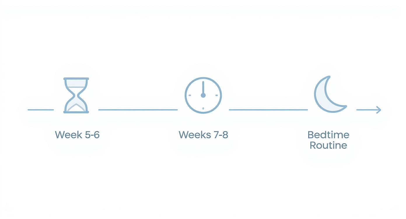 Timeline graphic illustrating a newborn's sleep schedule progression from week 5-6 to bedtime routine.