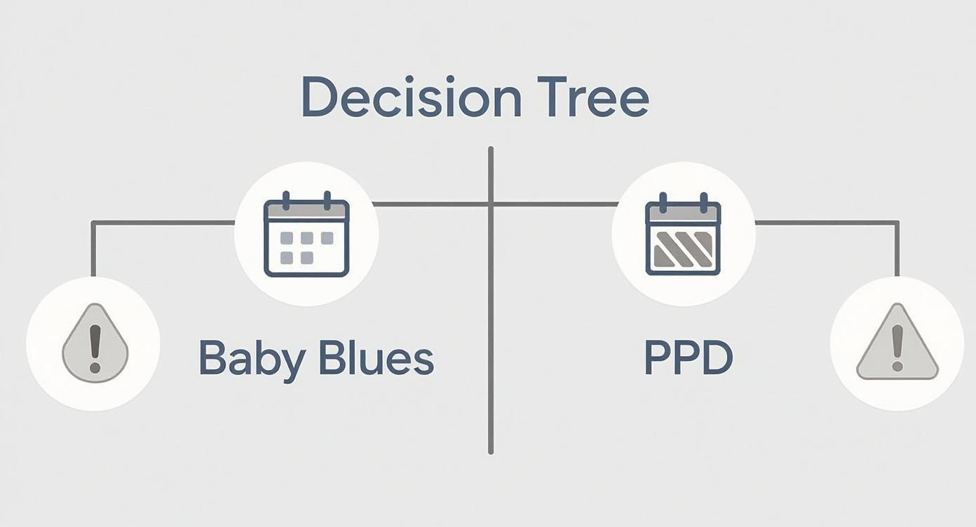 A decision tree diagram illustrating 'Baby Blues' and 'PPD' with associated calendar and warning icons.