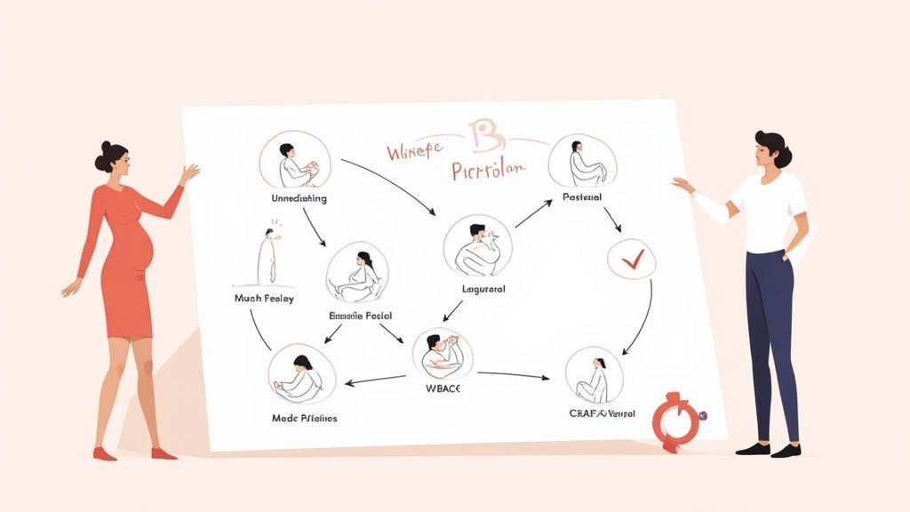 A couple writing down their birth plan together, with a notebook and pen.