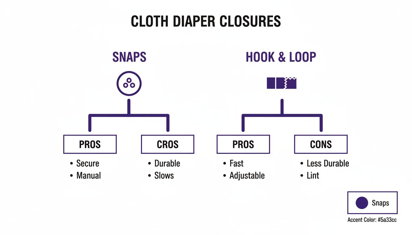 A diagram comparing cloth diaper closures: snaps (pros: secure, cons: manual) vs. hook and loop (pros: fast, adjustable, cons: less durable, lint).