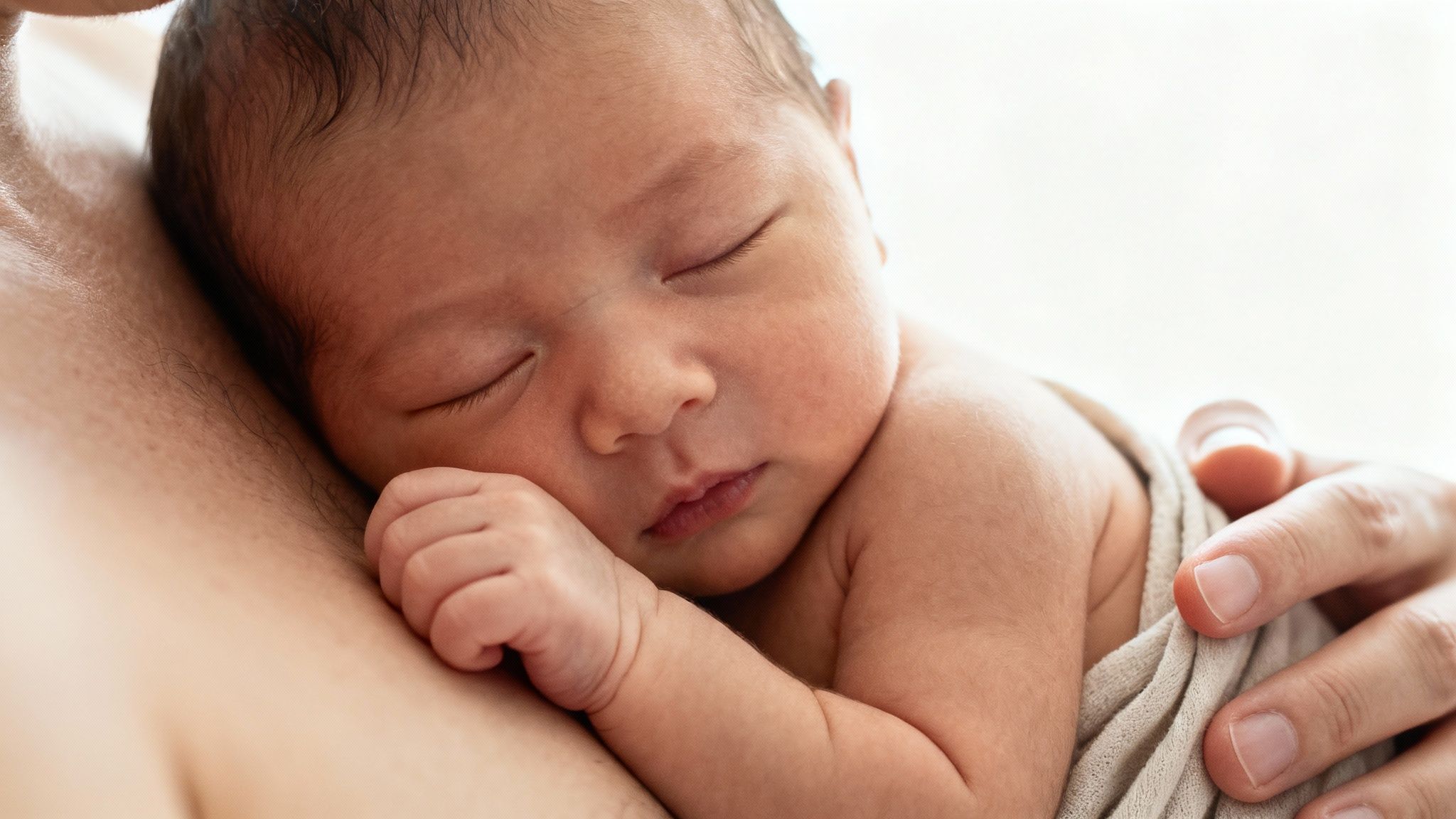 Close-up of a peaceful newborn baby sleeping soundly on a parent's chest, wrapped in a soft blanket.