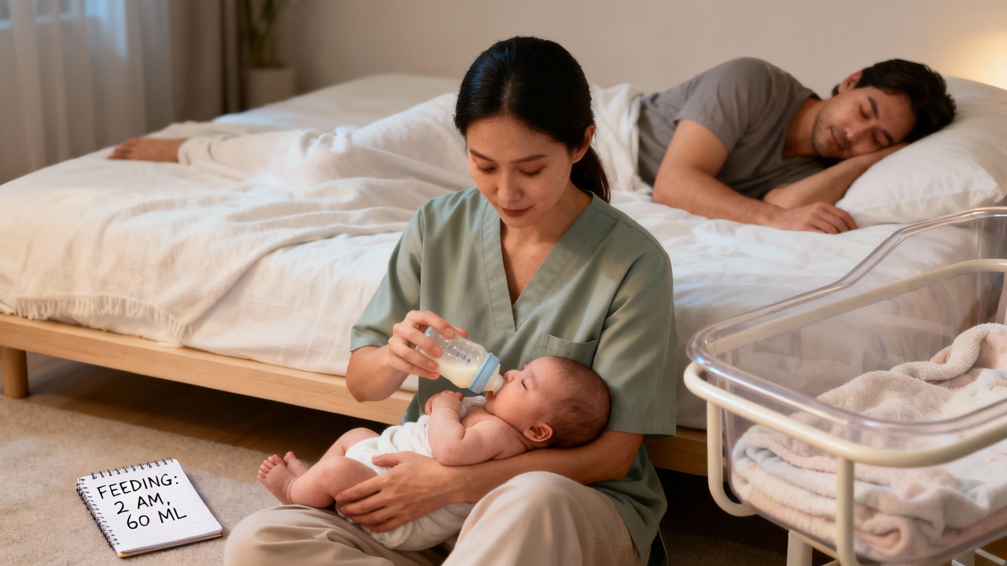 A mother bottle-feeding her baby on the floor at 2 AM, while the father sleeps in bed.
