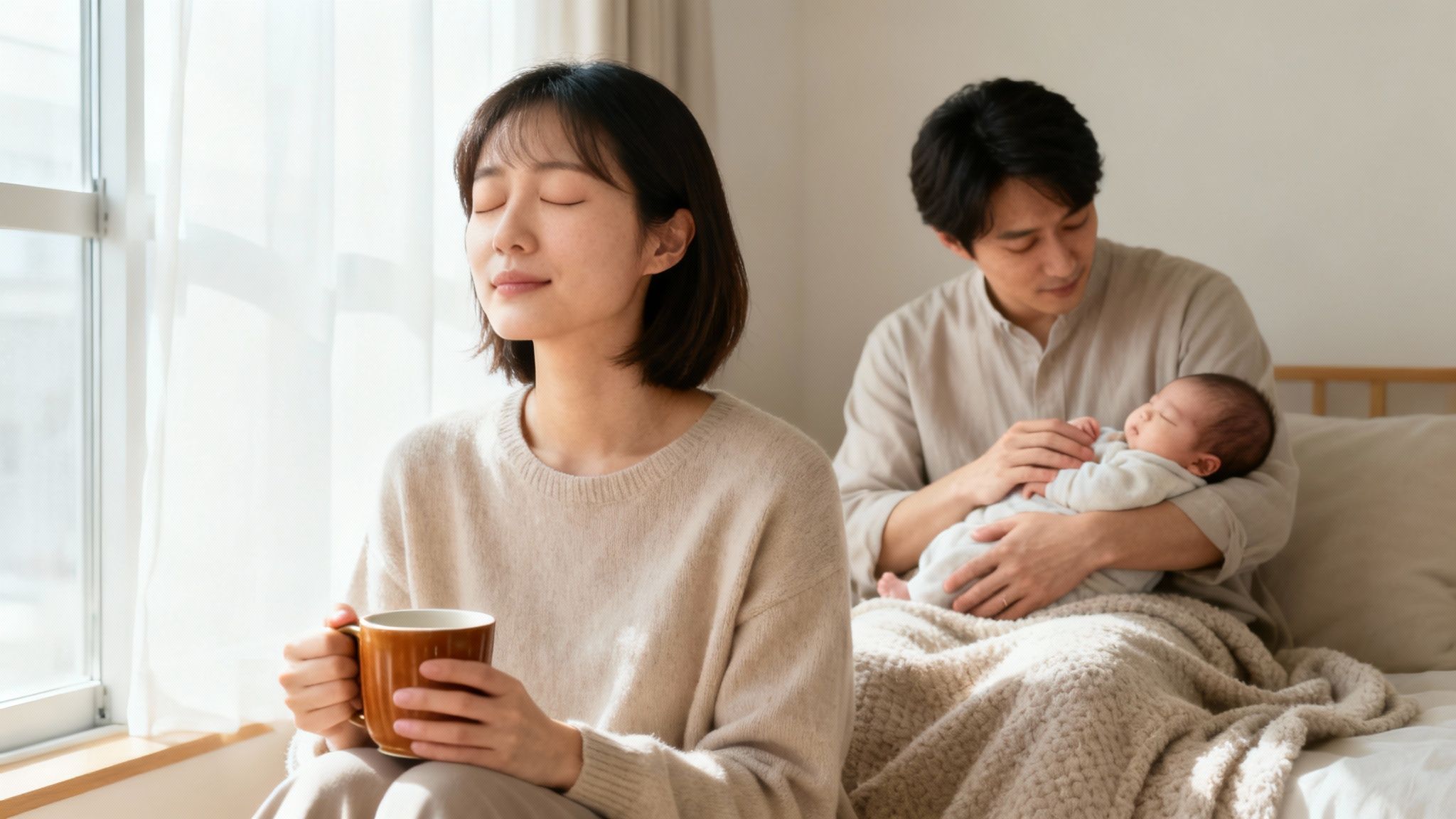 A woman with eyes closed holding a mug, while a man cradles a sleeping baby.