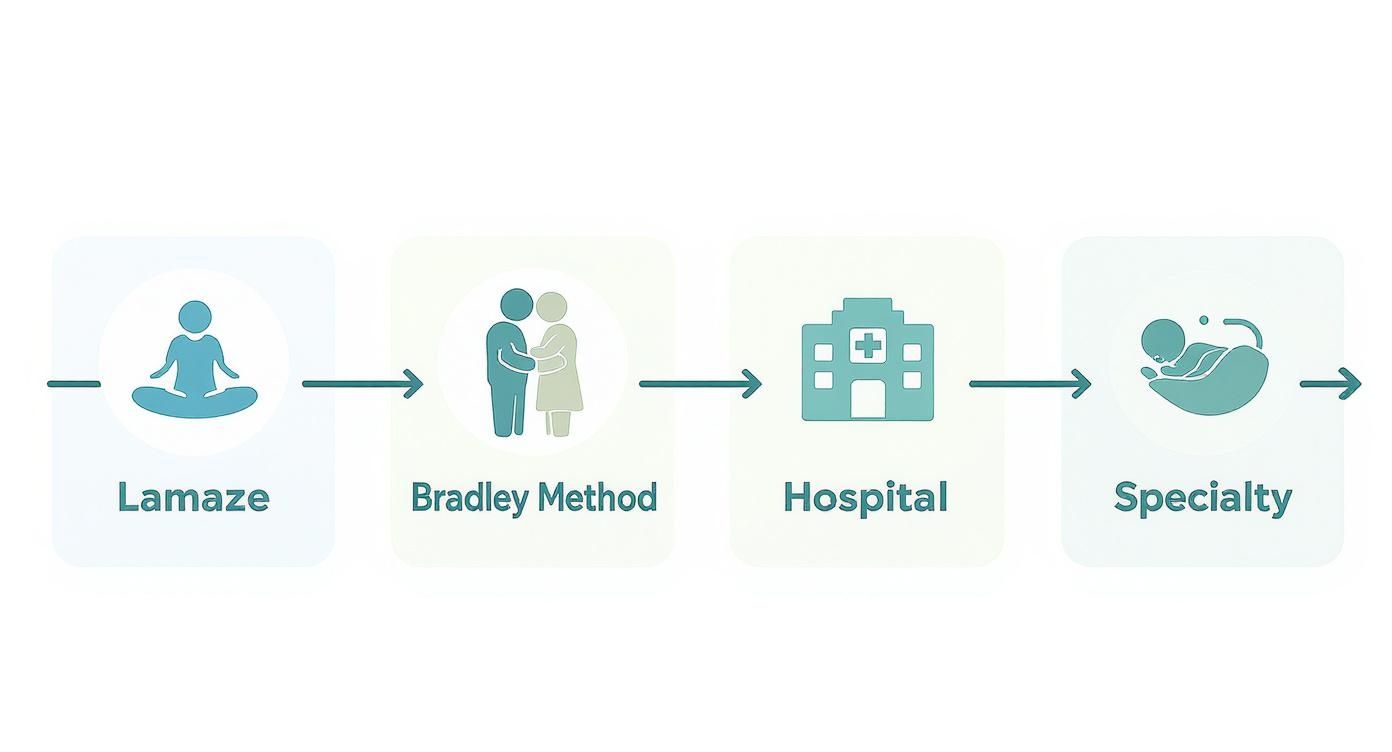 A flowchart showing childbirth preparation steps: Lamaze, Bradley Method, Hospital, and Specialty.
