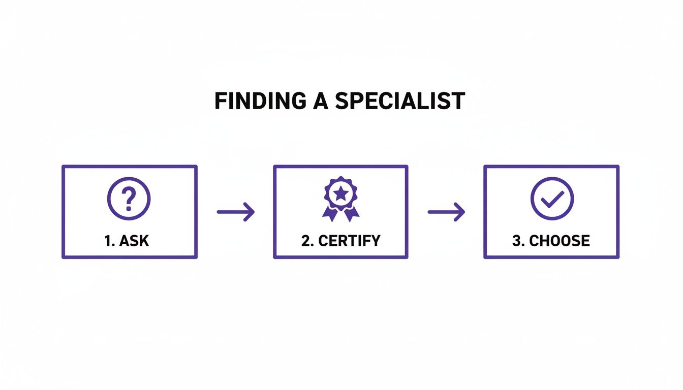 A three-step flowchart titled 'Finding a Specialist': 1. Ask (question mark), 2. Certify (ribbon), 3. Choose (checkmark).
