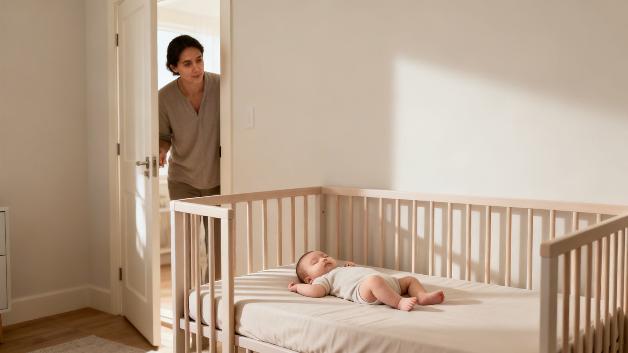 A loving parent quietly checks on their baby sleeping soundly in a light wooden crib.