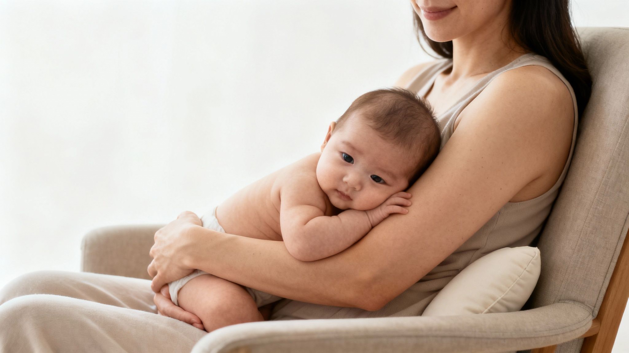 A loving mother gently holds her newborn baby in her arms while sitting comfortably.