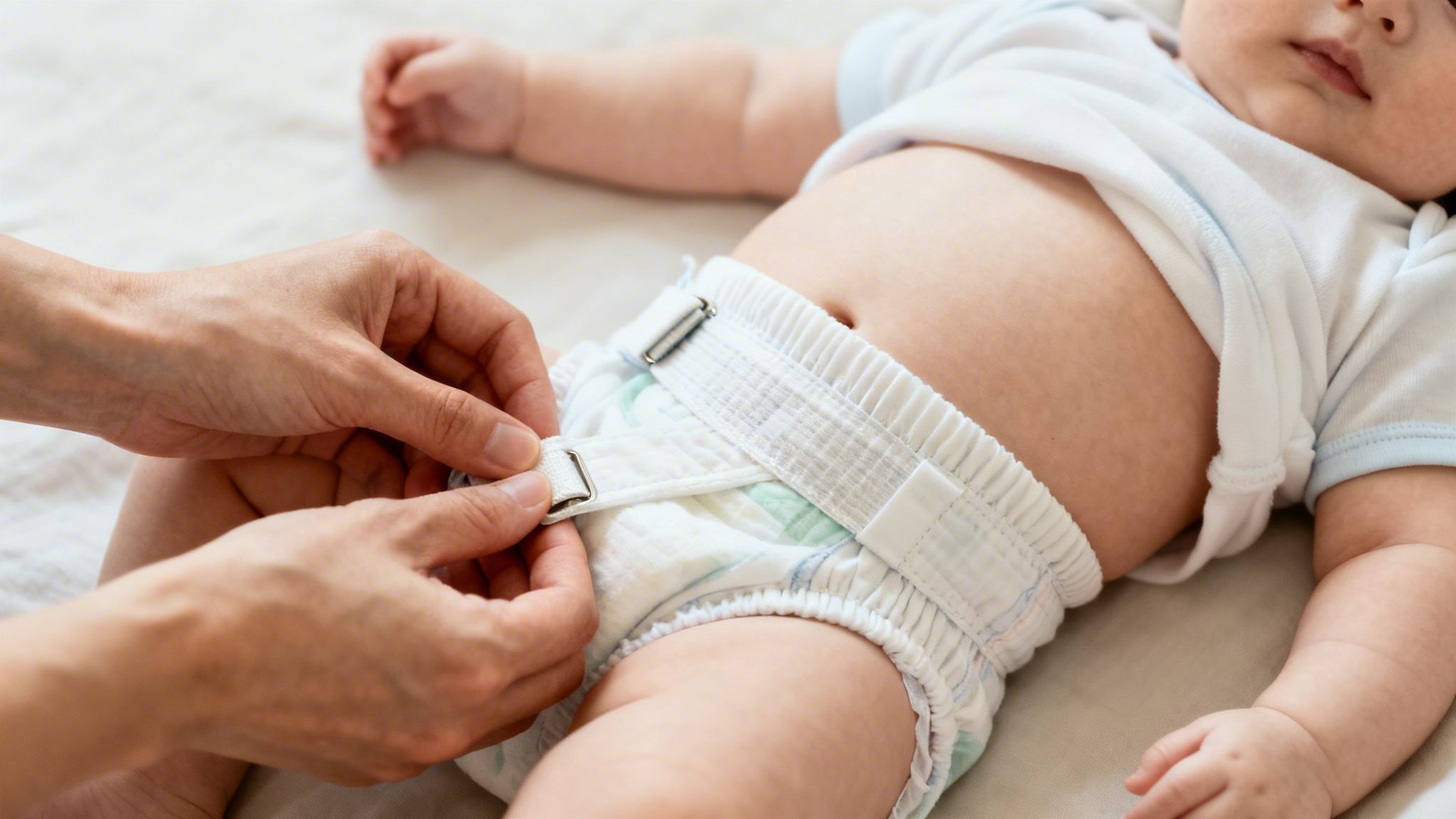 Close-up of hands adjusting a white cloth diaper with buckles on a baby lying on a light surface.