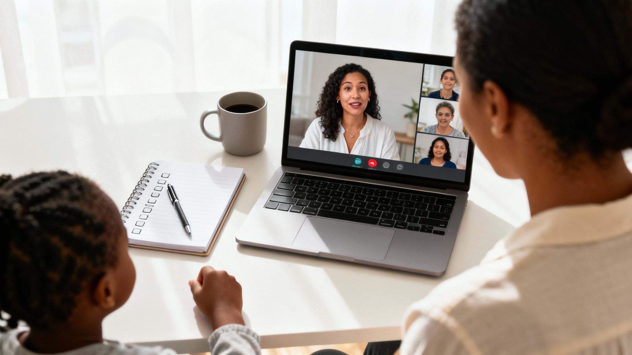 A mother and child engage in a video conference call on a laptop, with a notebook and coffee mug on the desk.