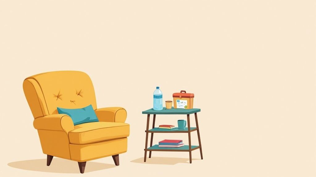 A cozy yellow armchair with a blue pillow sits next to a side table with water, snacks, and books.