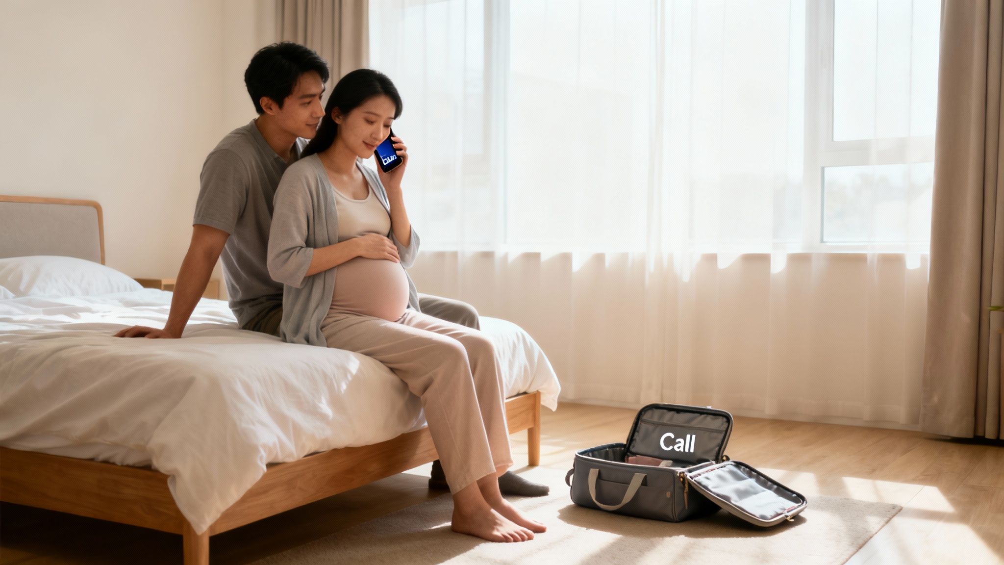 A pregnant woman on the phone with her partner, preparing for birth in a bright bedroom.