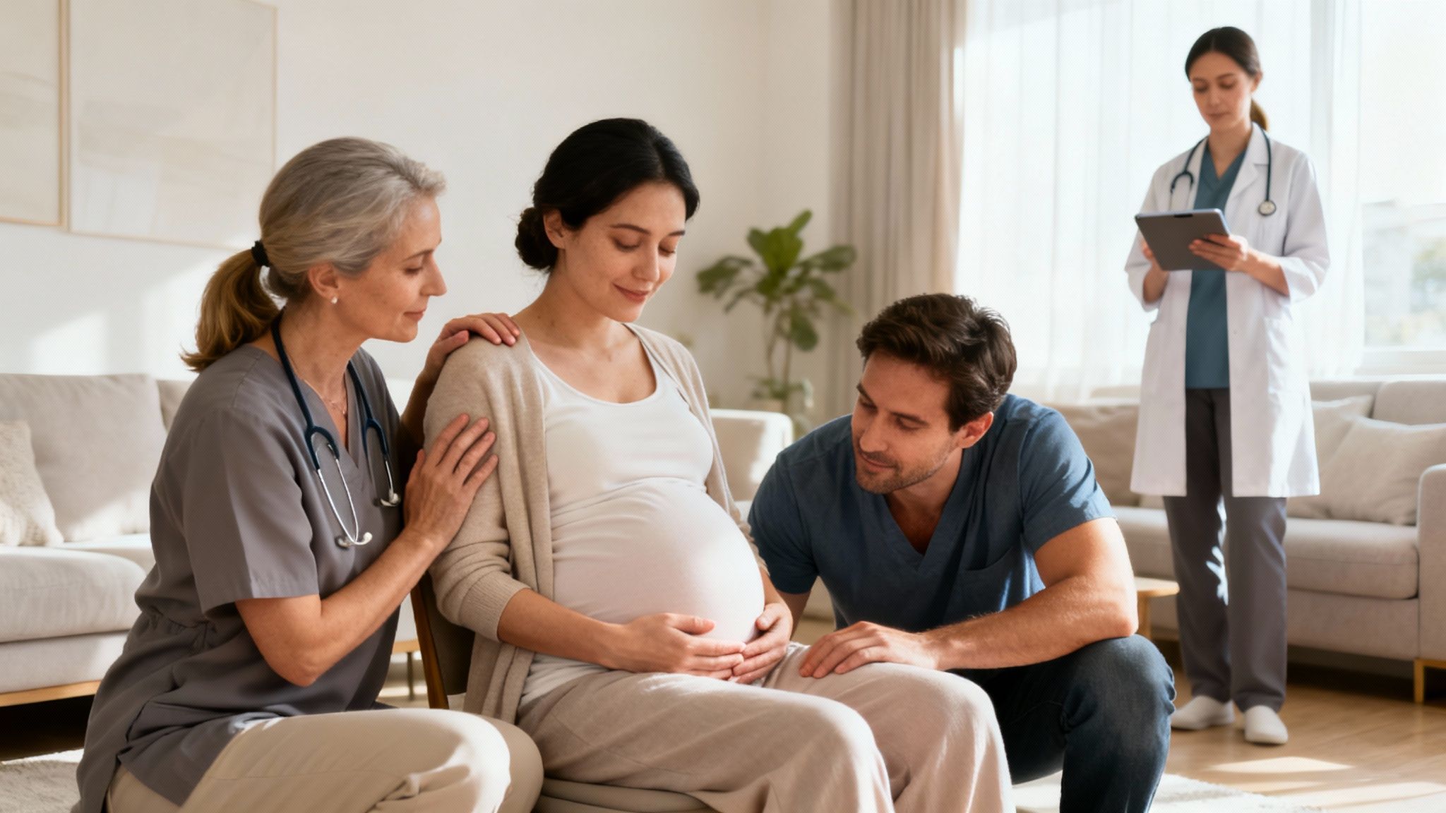 Pregnant woman receives support from a doula and partner during a prenatal visit at home.