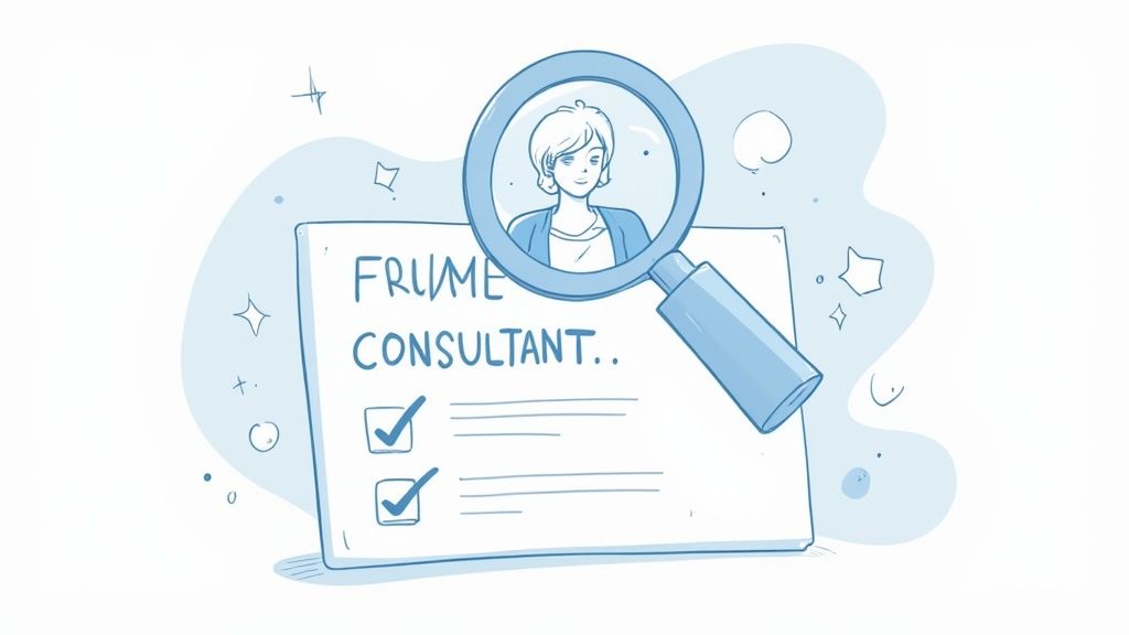 A cartoon of a magnifying glass over a smiling woman, next to a checklist for "FRUME CONSULTANT."