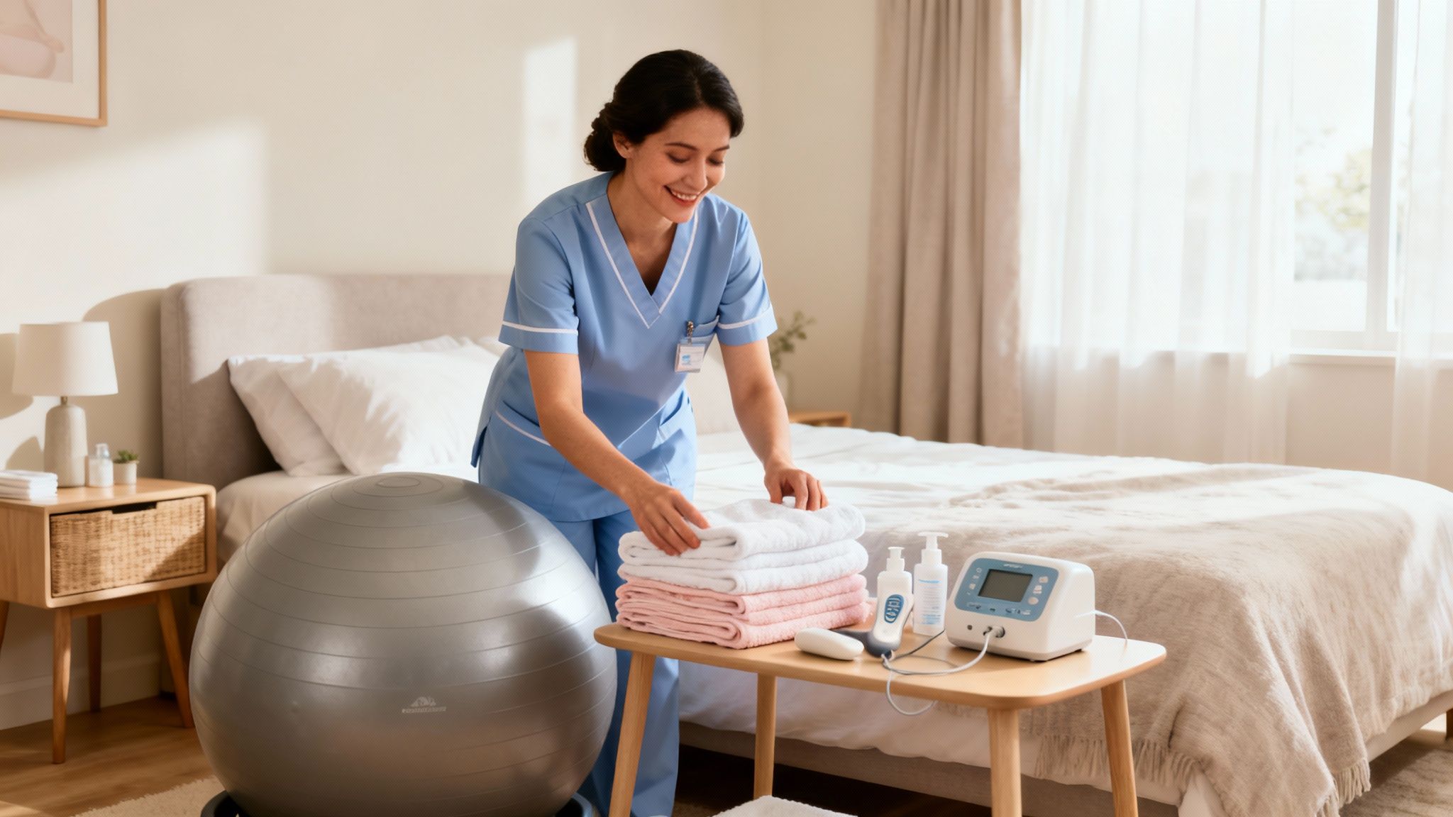 Smiling midwife in scrubs organizing clean towels in a bedroom with an exercise ball and medical devices.