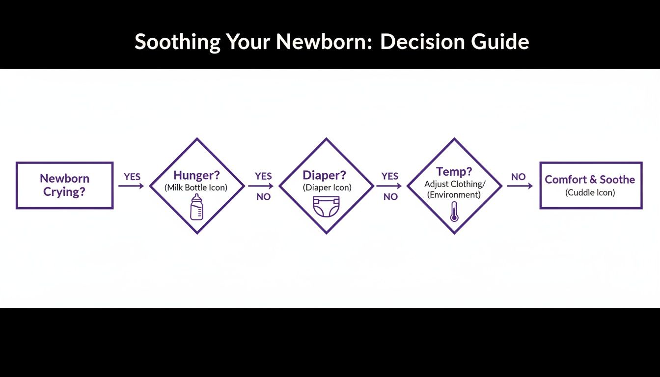 A flowchart guiding parents on how to soothe a crying newborn by checking hunger, diaper, and temperature.