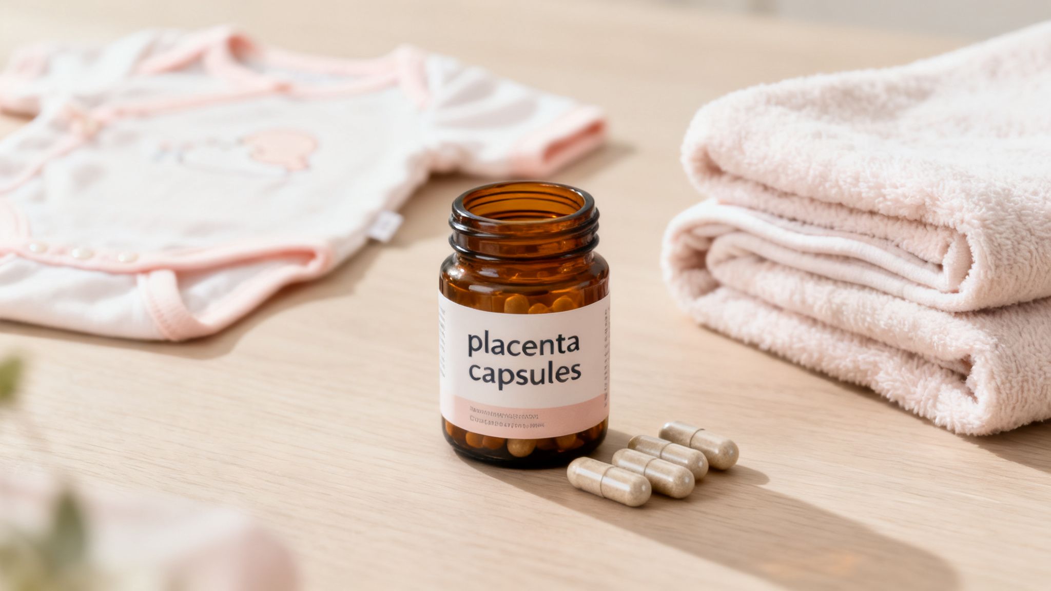 A bottle of placenta capsules with several capsules on a wooden table next to a baby onesie and pink towels.