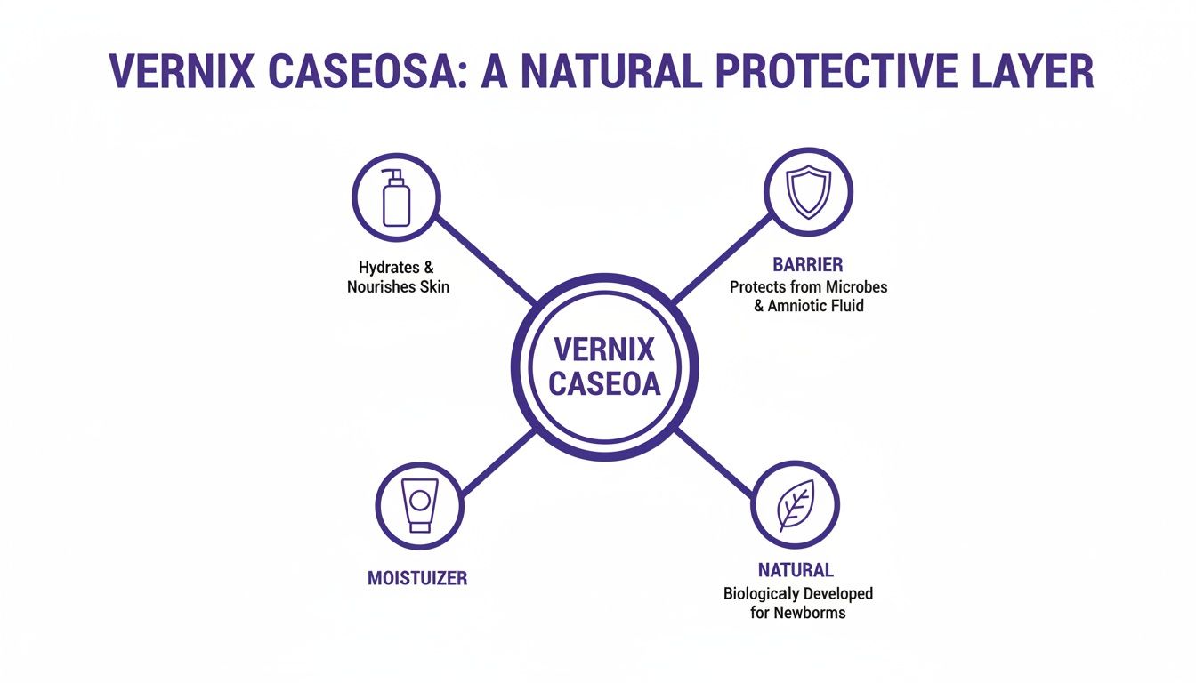 A diagram details Vernix Caseosa's benefits as a natural protective layer for newborns, including hydration, barrier against microbes, moisturization, and its natural biological development.