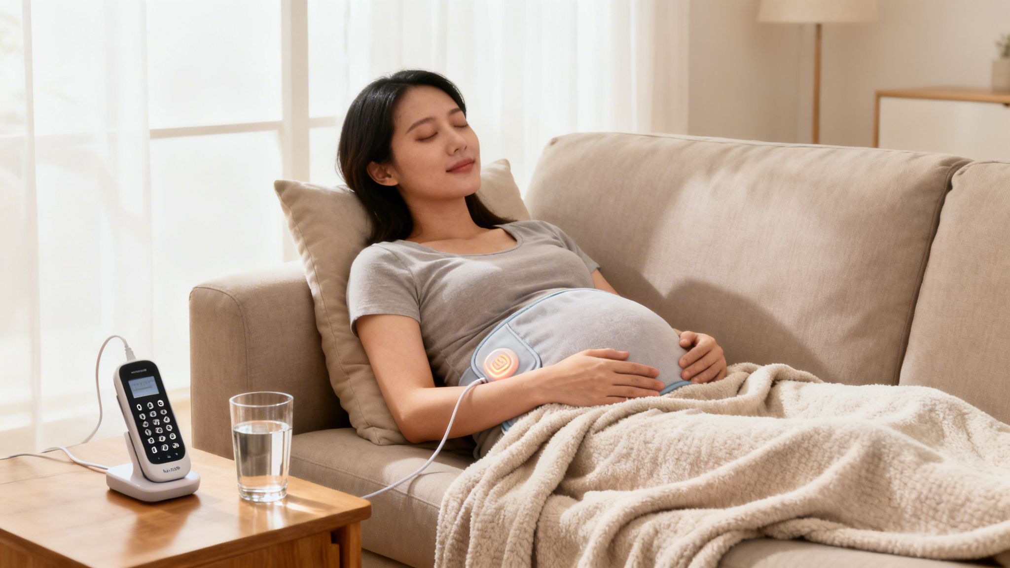 A pregnant woman relaxing peacefully on a sofa with a belly heating pad and a fetal monitor nearby.