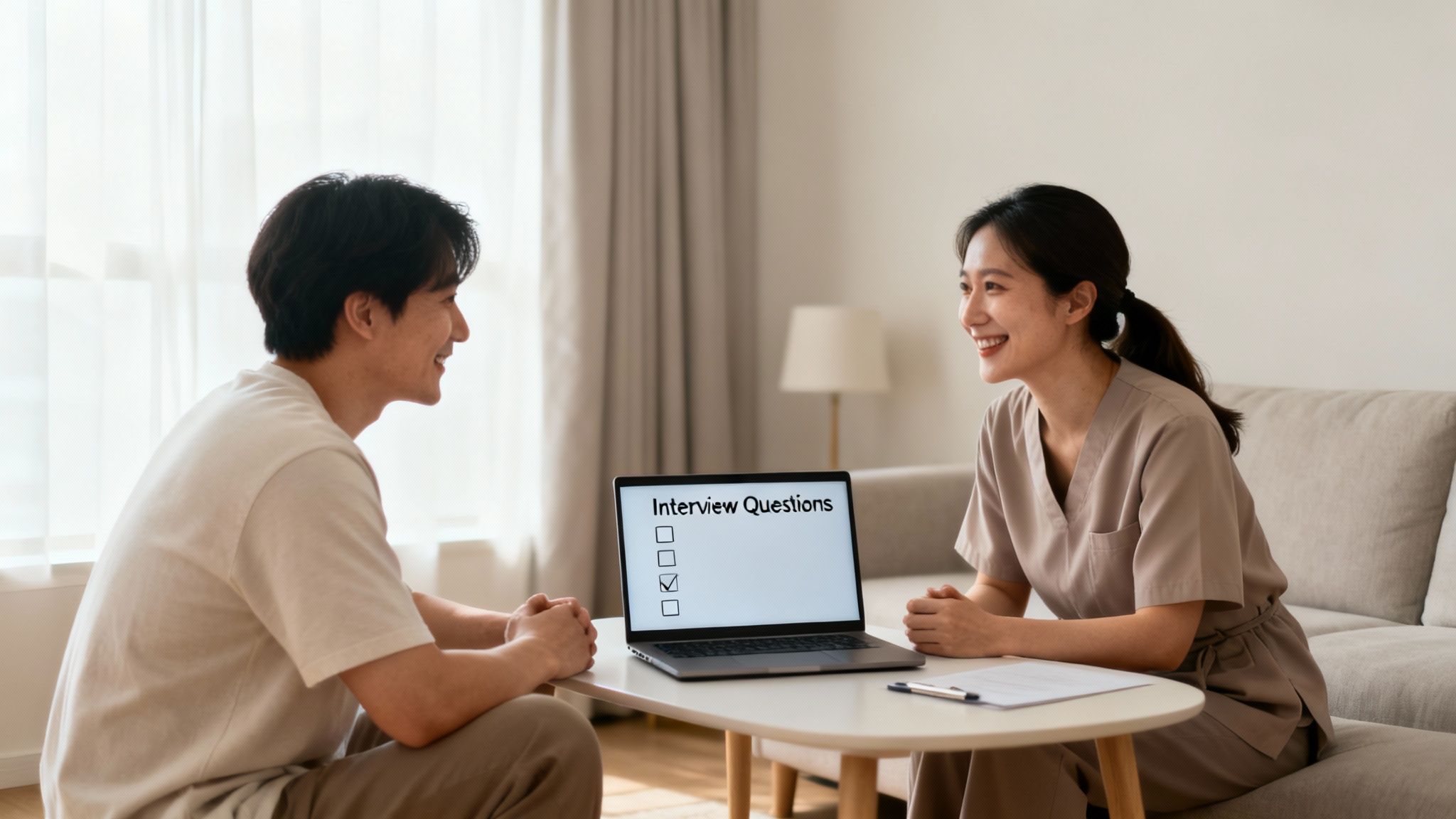 Two people smiling while discussing interview questions on a laptop in a bright room.