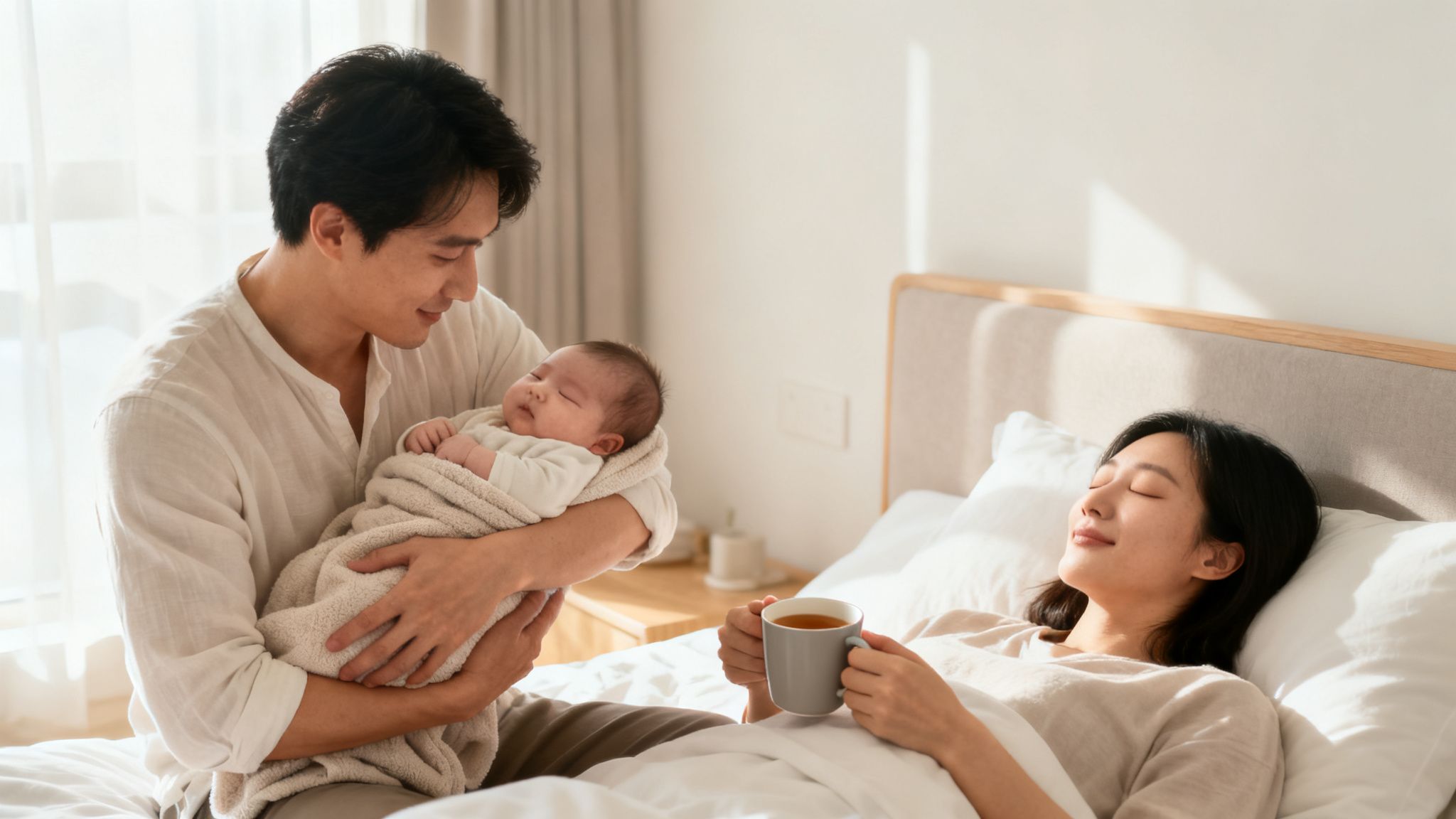 A loving father holds his swaddled baby while the mother rests peacefully in bed with a cup of tea.