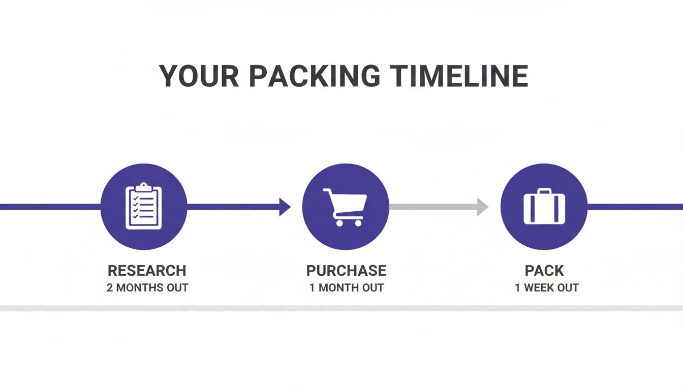 An infographic timeline detailing the steps for packing: research, purchase, and final packing.