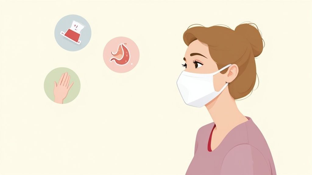 A sick mother breastfeeding her baby while taking precautions.