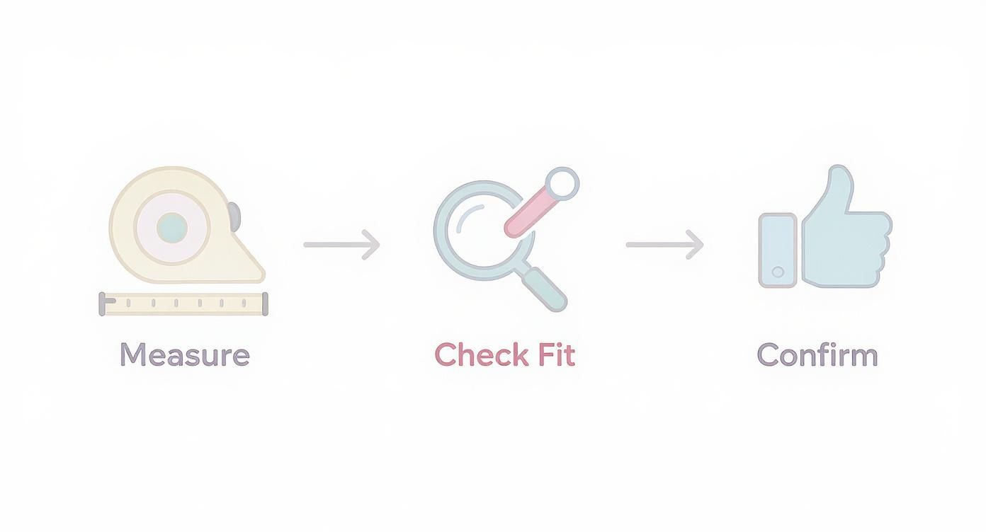 Three-step process diagram showing Measure (tape measure), Check Fit (magnifying glass, wrench), and Confirm (thumbs up).