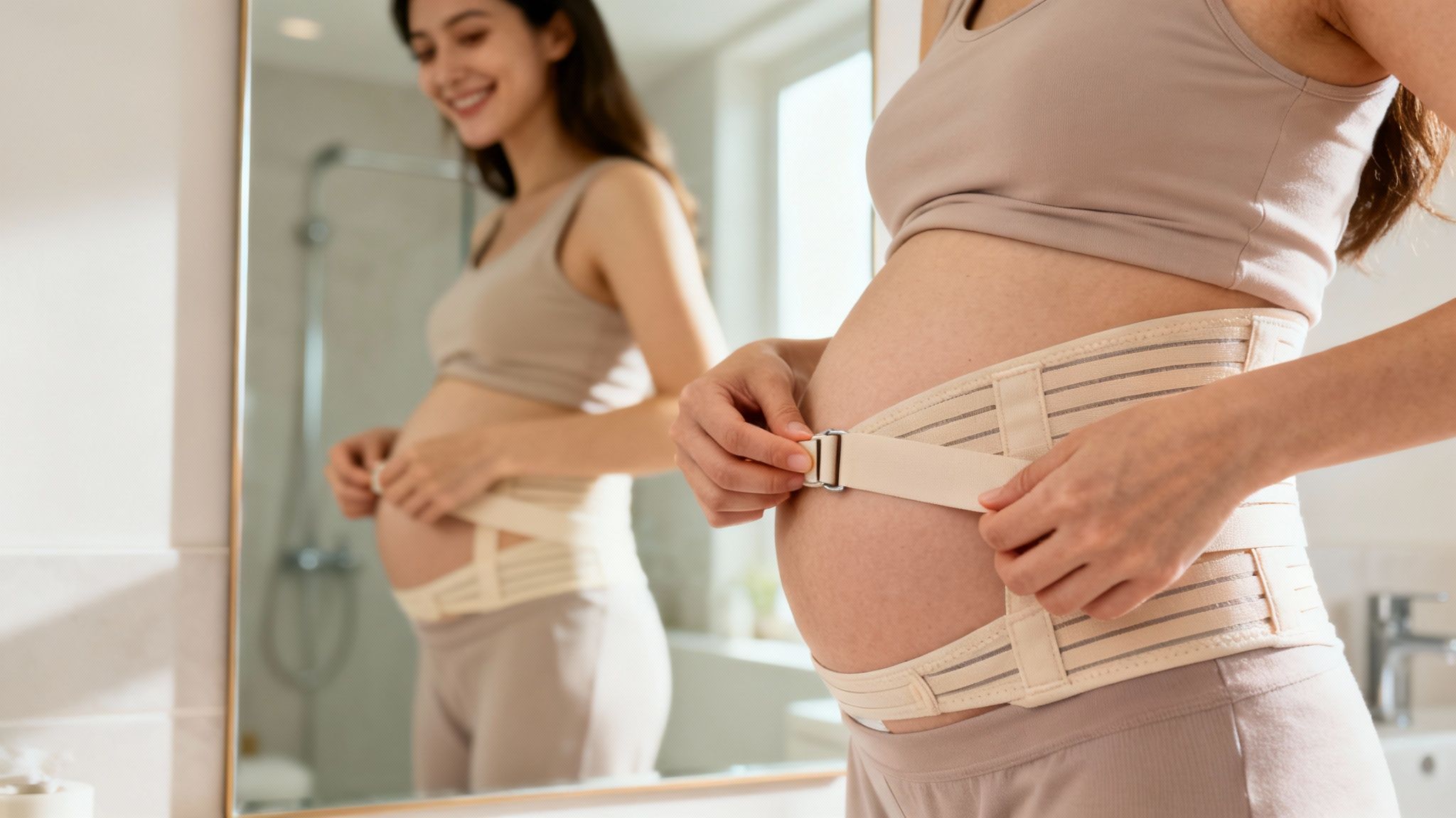 A smiling pregnant woman adjusts a beige maternity support belt around her baby bump in a bathroom.