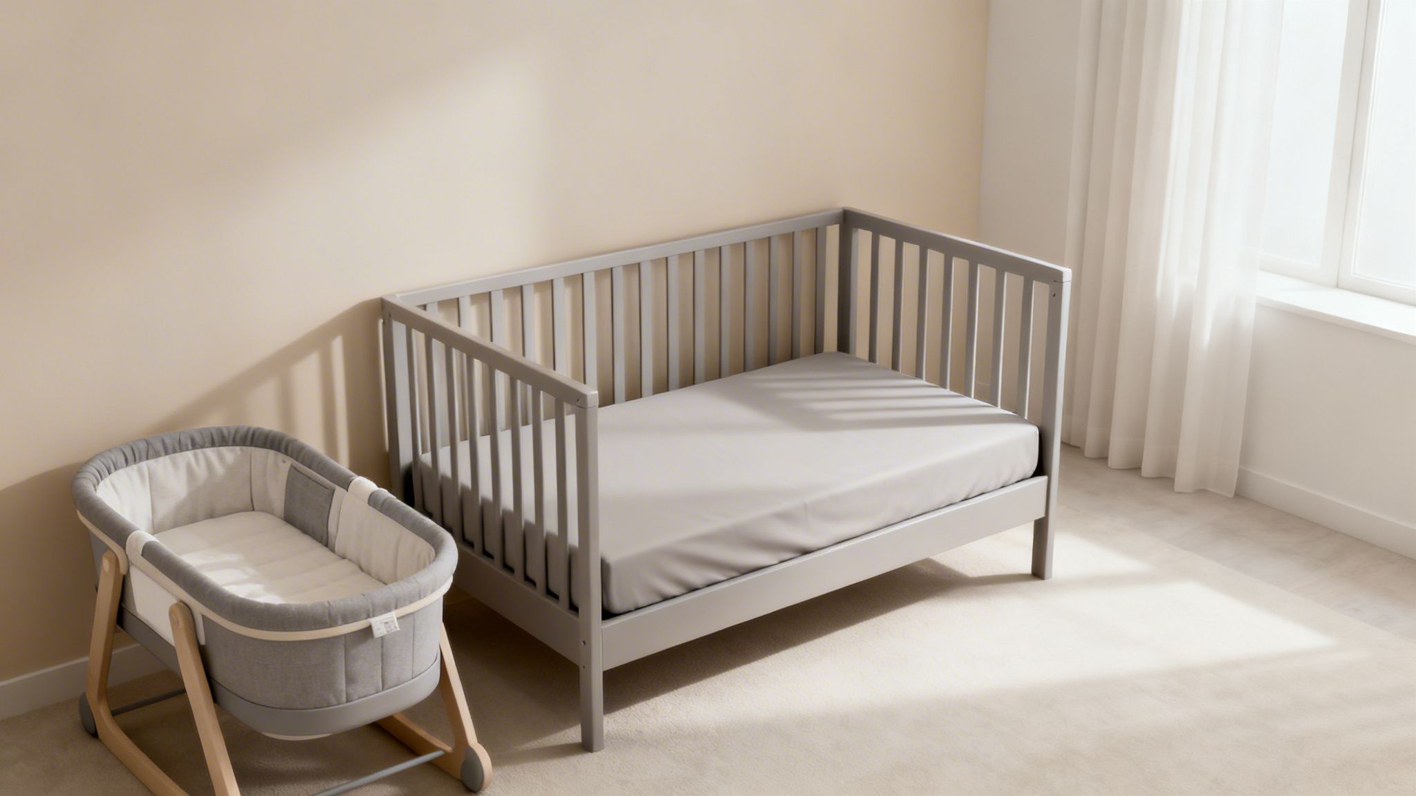 A serene nursery room with a gray baby crib, a bassinet, and sunlit window with sheer curtains.