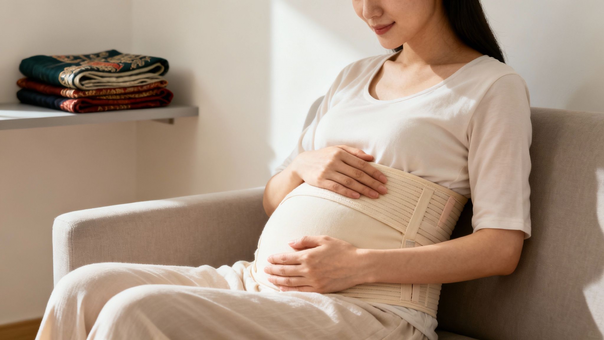 A pregnant woman comfortably sits on a sofa, gently holding her belly supported by a band.