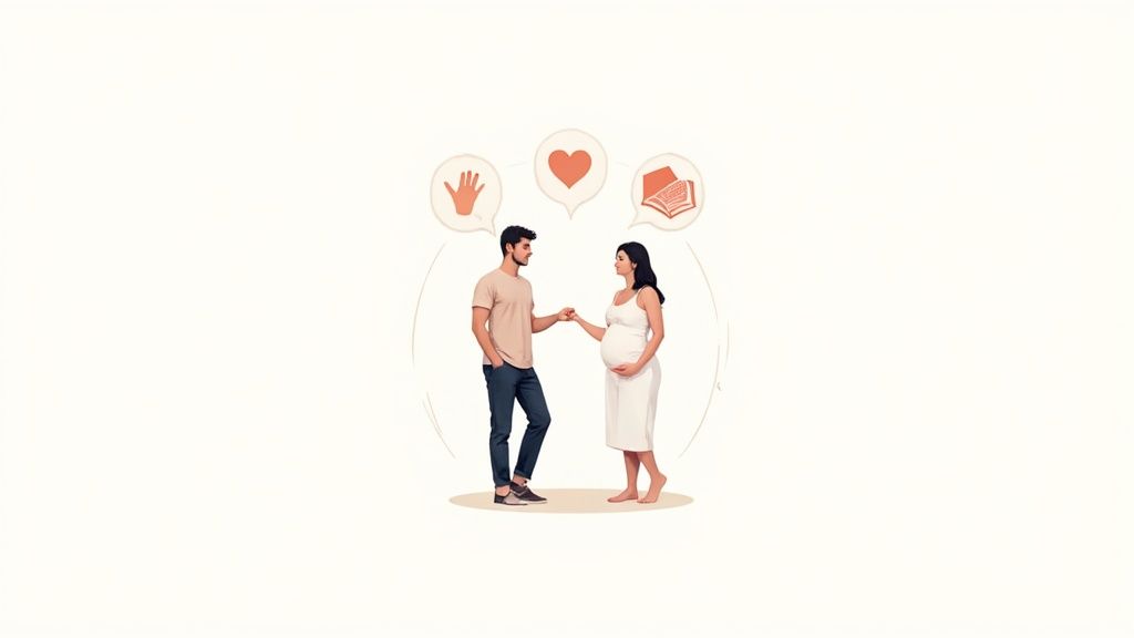 Expecting couple holding hands with icons showing hand, heart, and medical care above them