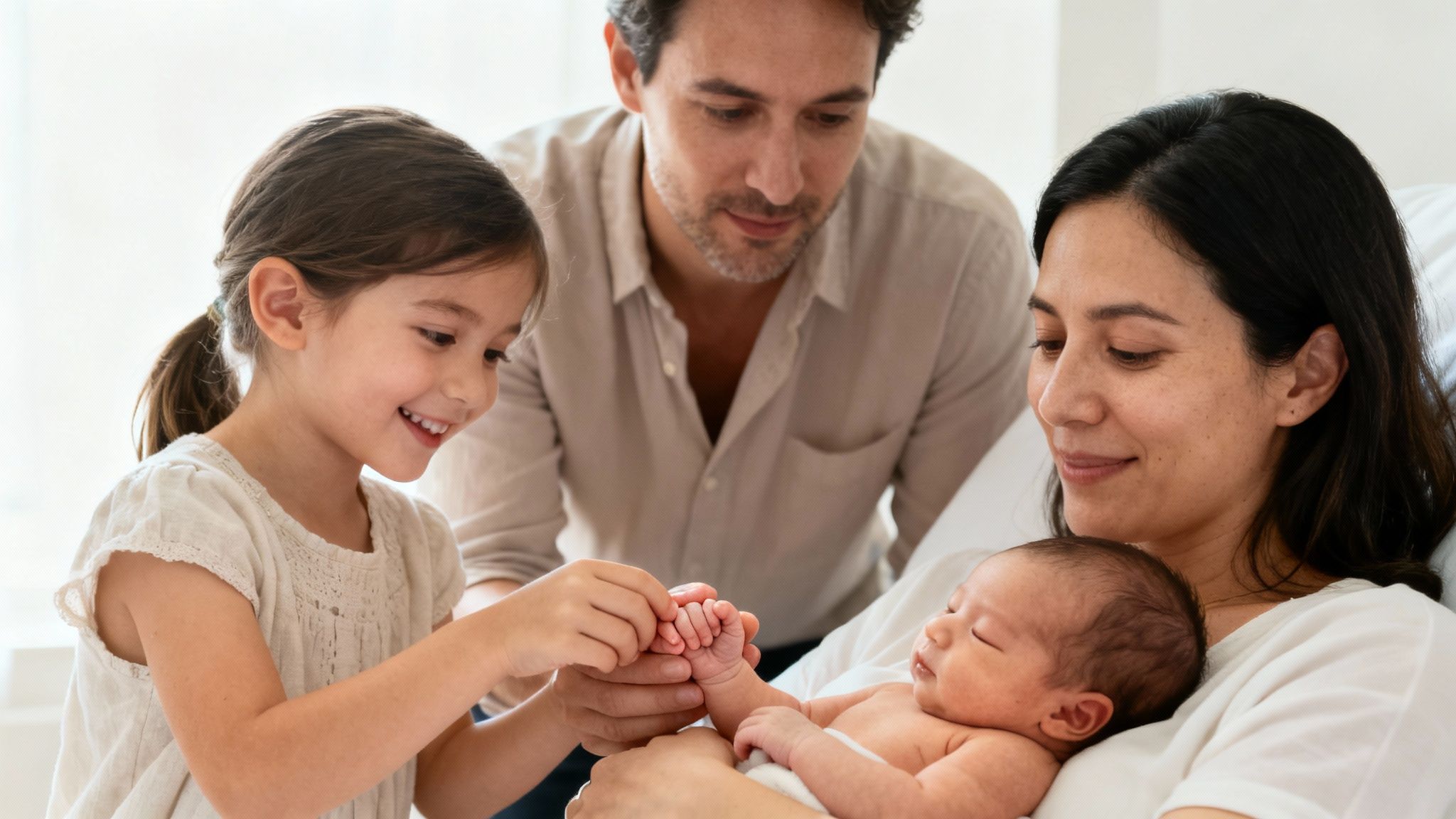 A happy family welcomes a newborn baby, with the older sister gently touching its tiny hands.