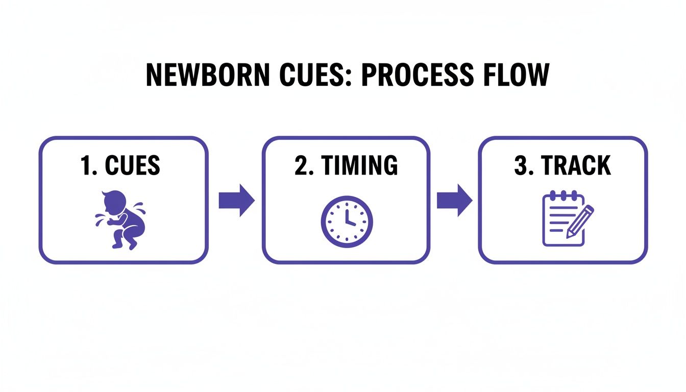 A three-step process flow for newborn cues: Cues, Timing, and Track, with corresponding icons.