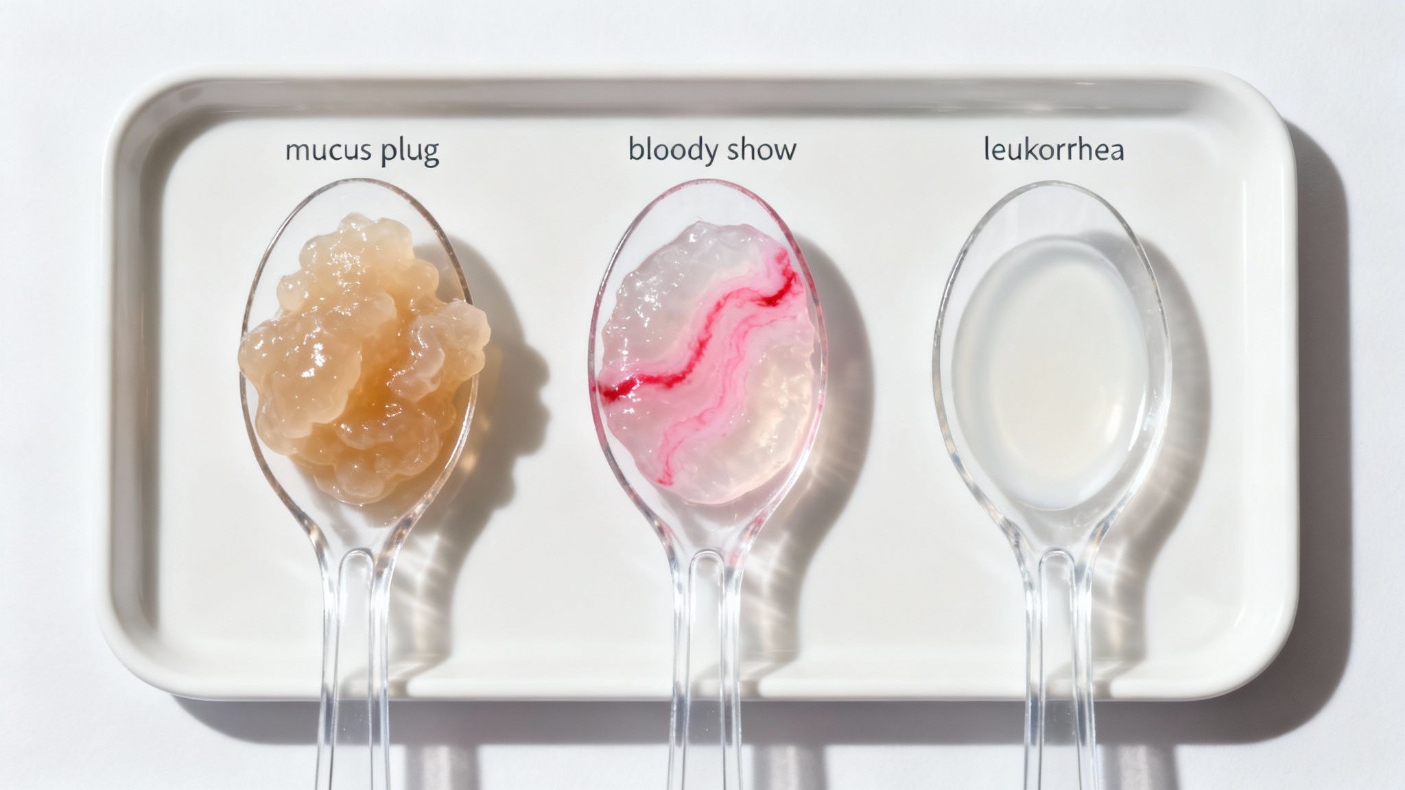Three spoons display different types of vaginal discharge: mucus plug, bloody show, and leukorrhea.