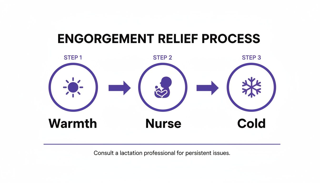 A diagram showing a 3-step engorgement relief process: Warmth, Nurse, Cold. Consult a lactation professional for persistent issues.