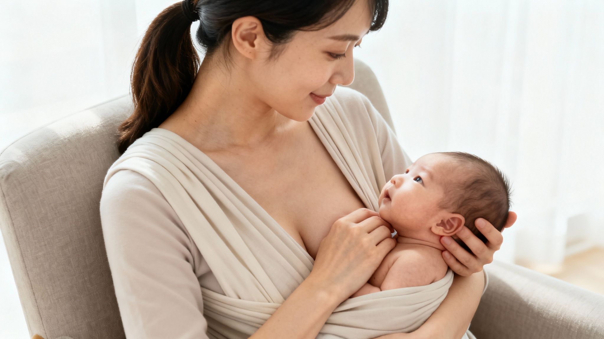 A caring mother lovingly holds her newborn baby close, possibly breastfeeding, in a soft embrace.