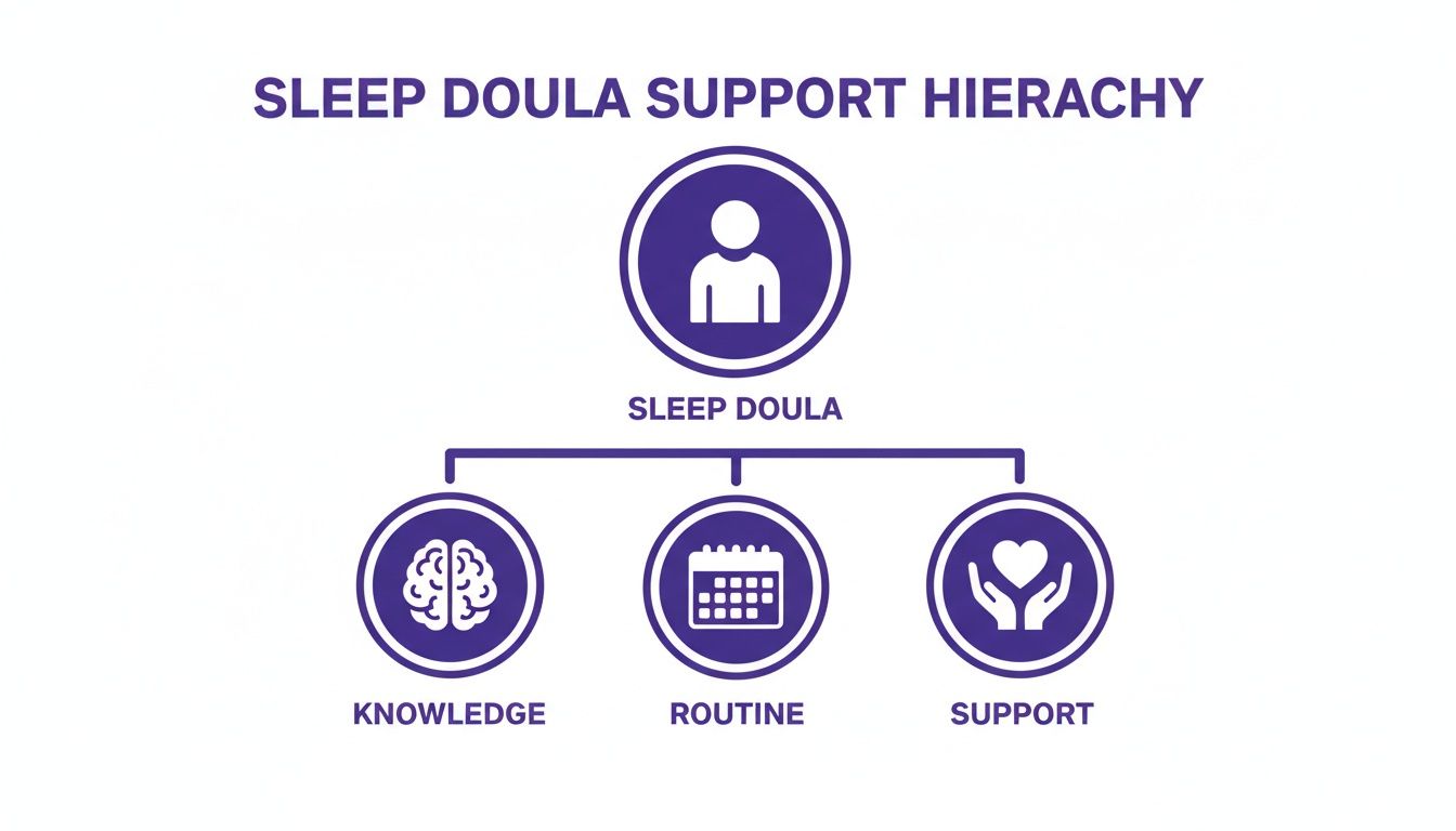 Sleep Doula Support Hierarchy diagram illustrating knowledge, routine, and support pillars.