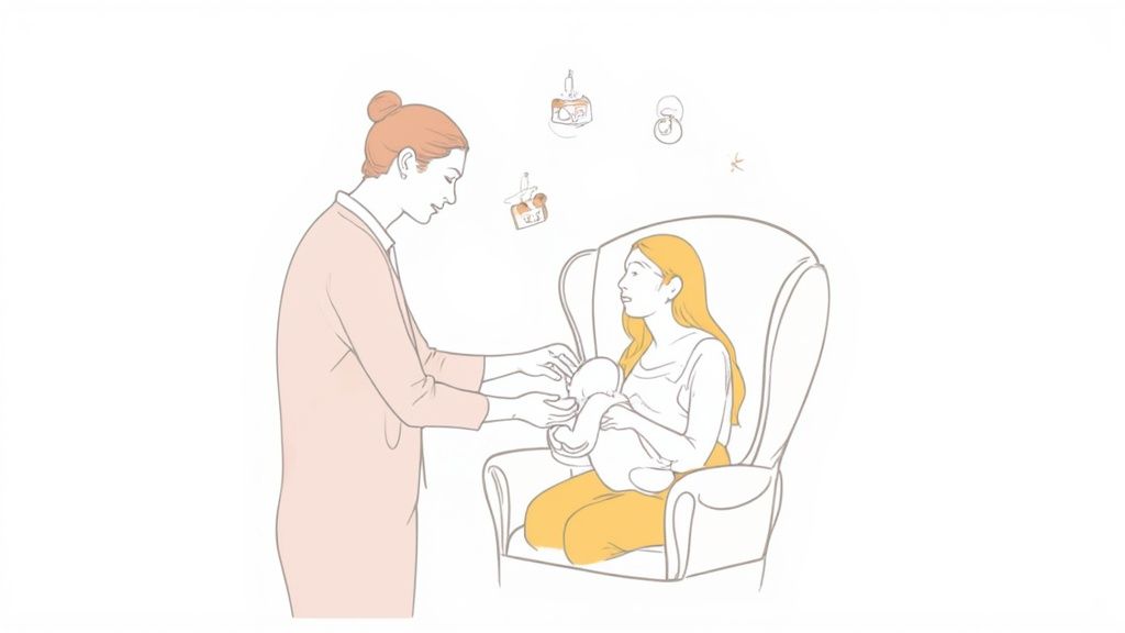 A lactation consultant assists a new mother with breastfeeding her baby in an armchair, offering guidance.