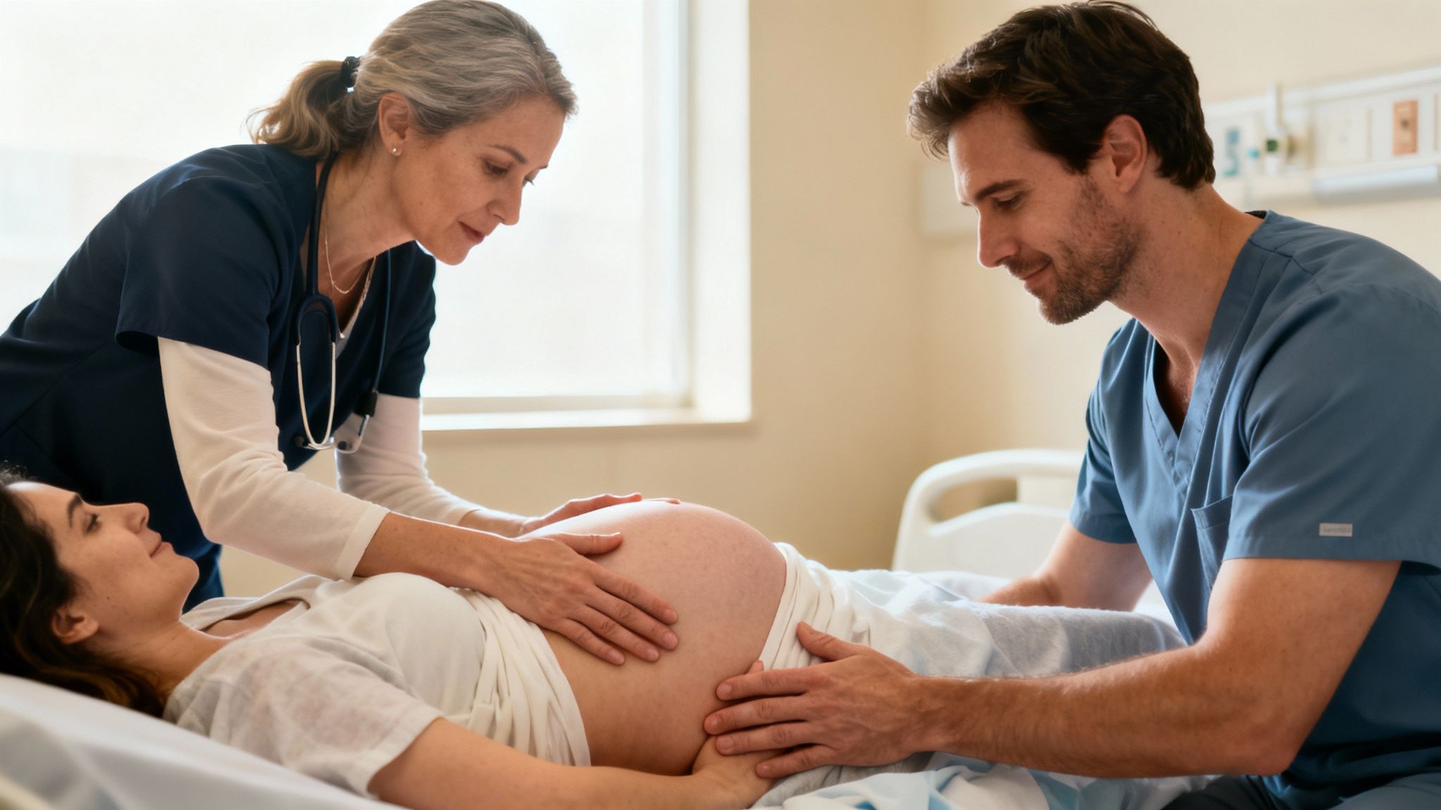 Two healthcare professionals gently examine a pregnant woman's belly in a hospital setting.