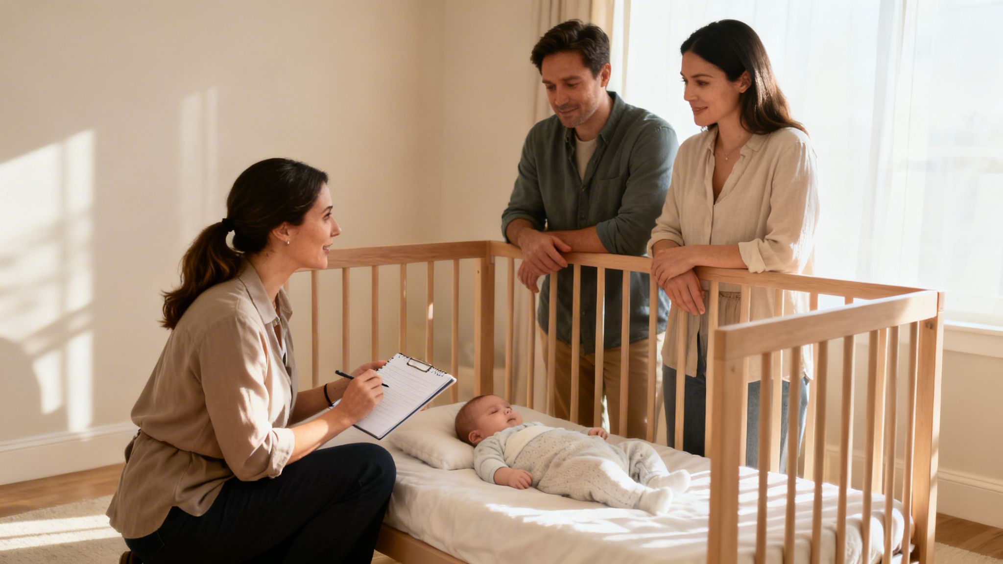 An expert discusses safe sleep with parents, observing their baby sleeping peacefully in a wooden crib.