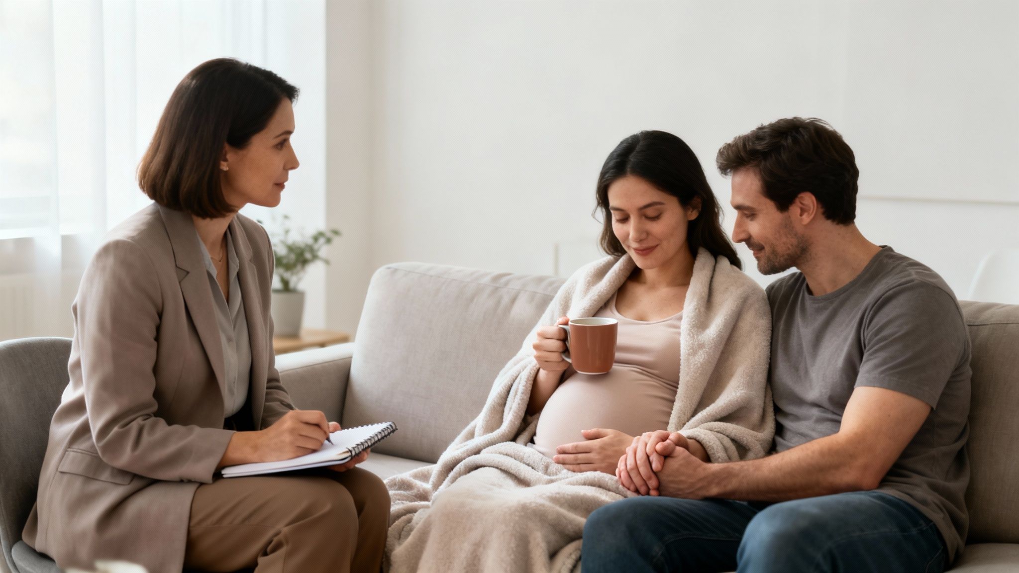 A pregnant woman and her partner consulting with a female therapist about perinatal care.